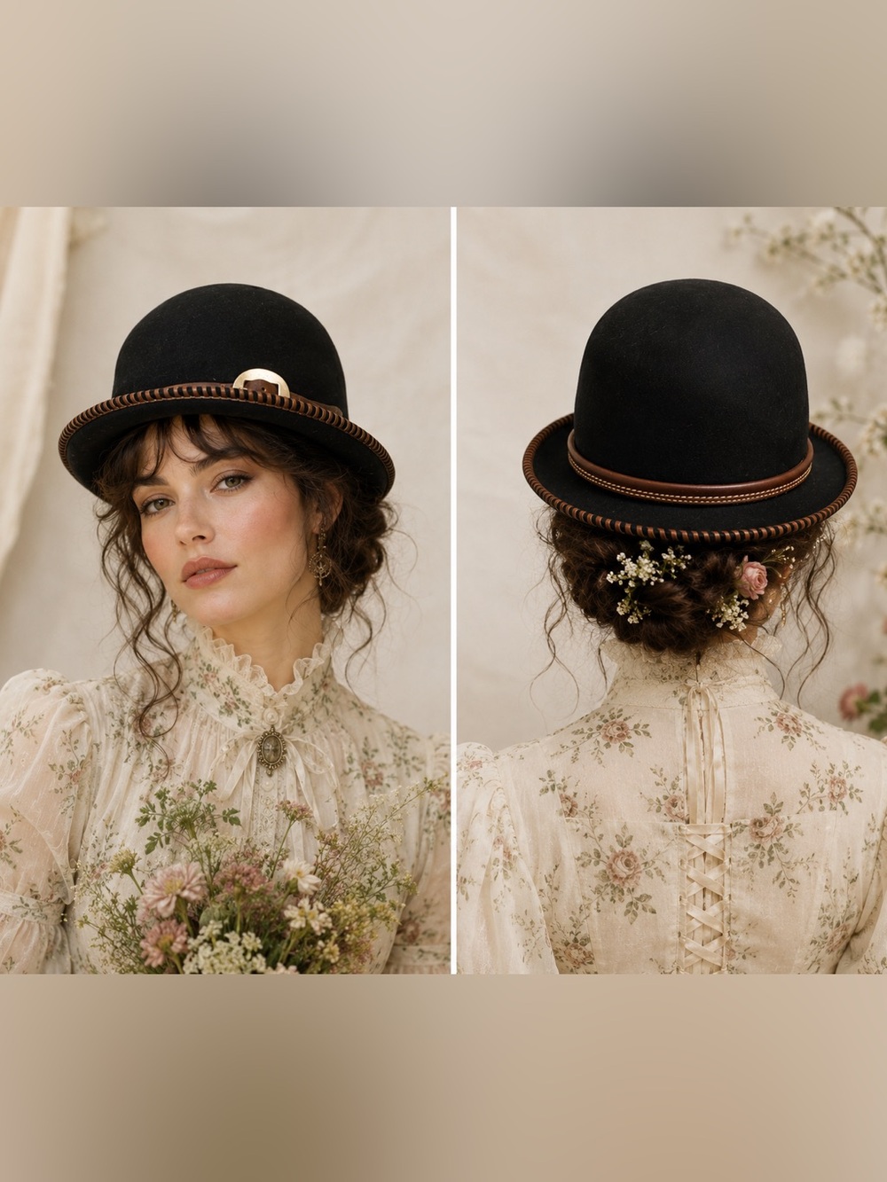 August Vintage Black 💯% Wool Western Steampunk Bowler Hat with Brown Trim unisex